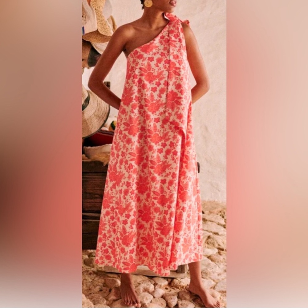 Sezane Teva Floral One-Shoulder Dress 44 US 12 France Coral Cream Maxi Vacation - Picture 3 of 16